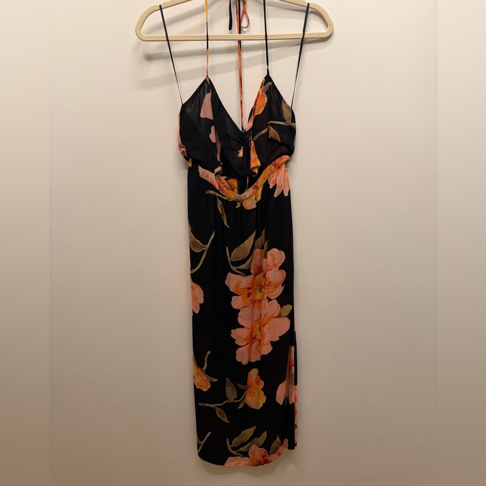 Reformation Addie Floral Cutout Midi Dress - Black with Pink & Coral Floral - Picture 7 of 8